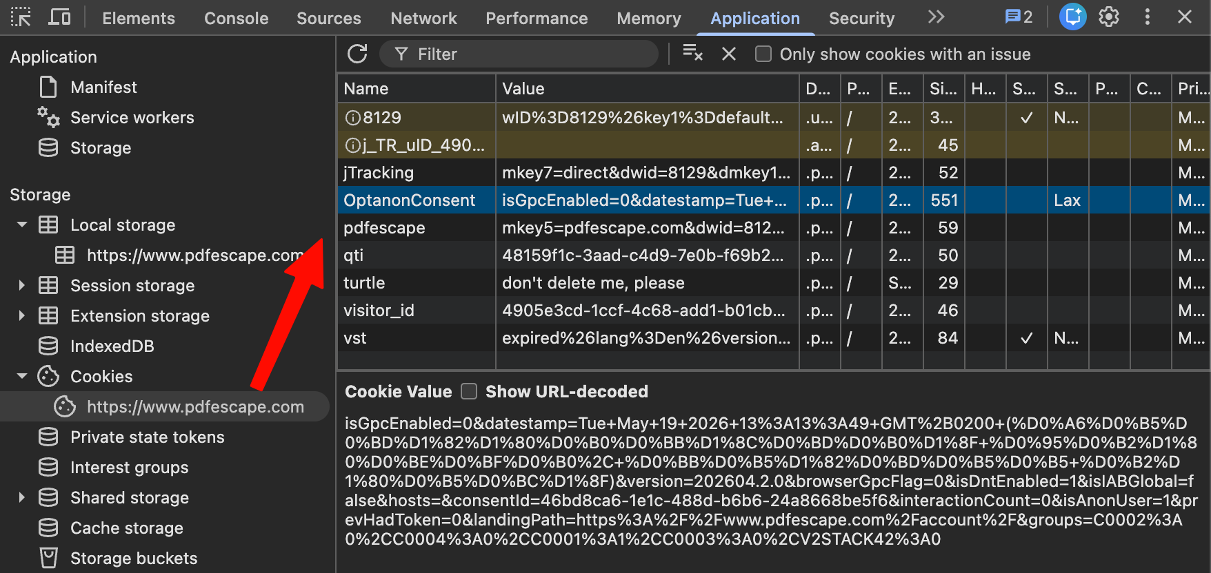 Chrome DevTools on pdfescape.com. Application tab, Storage, Cookies, pdfescape.com. The cookie list shows both OptanonConsent (selected) &mdash; its value in the lower pane expanded shows groups=C0001:1, C0002:0, C0003:0, C0004:0, V2STACK42:0 (the user declined everything except strictly necessary cookies) &mdash; and, at the same time, _LR_uID_490_&hellip; (LiveRamp uID, an advertising identifier), jTracking, vst, visitor_id, and other marketing cookies. The mismatch between the recorded consent and the cookies actually set is laid out side by side.