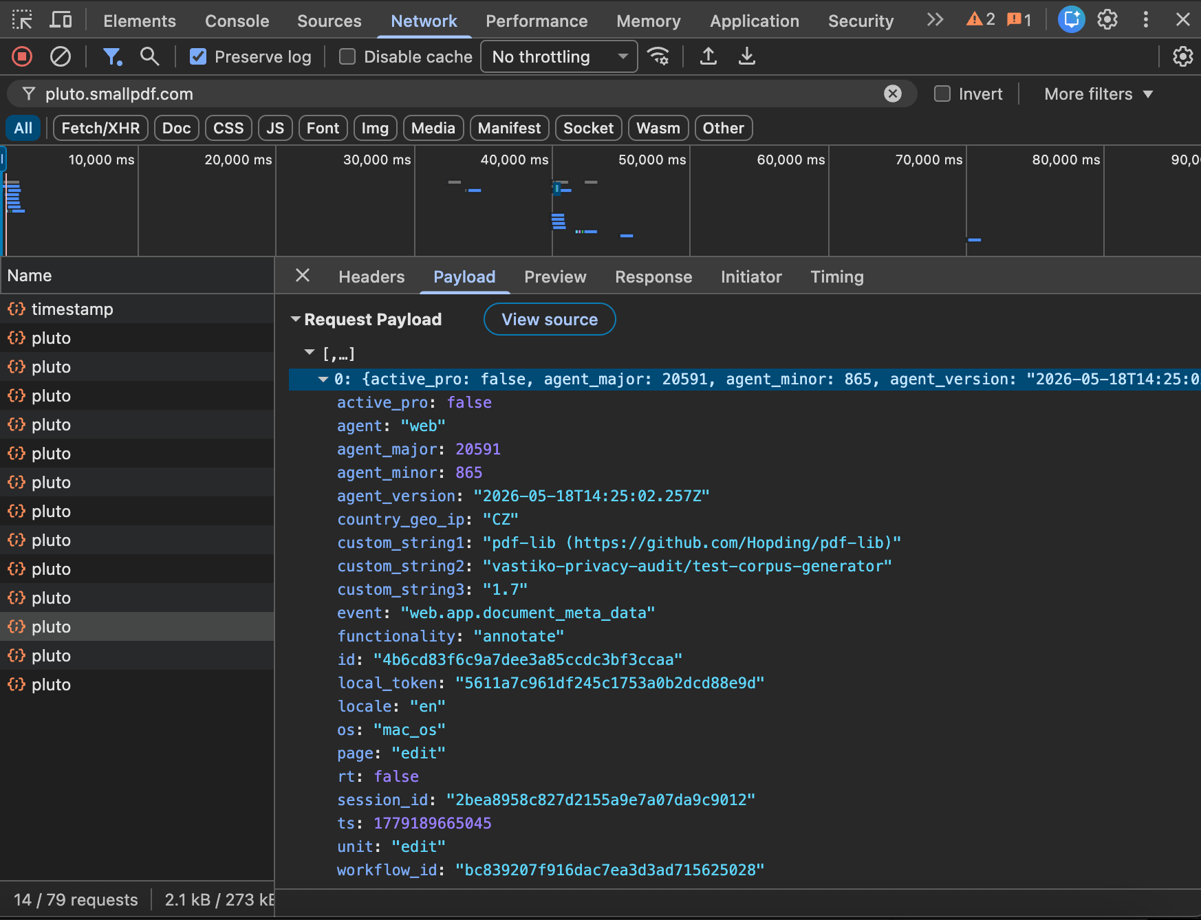 Chrome DevTools on smallpdf.com. Network tab filtered by pluto.smallpdf.com. Several requests in the left list. One is selected; the Payload tab is open. Event fields visible: event: 'web.app.document_meta_data', custom_string1: 'pdf-lib (https://github.com/Hopding/pdf-lib)', custom_string2: 'vastiko-privacy-audit/test-corpus-generator', custom_string3: '1.7'. Those are the Creator, Producer, and PDF-version fields extracted from the uploaded file and shipped to SmallPDF telemetry as a separate event.