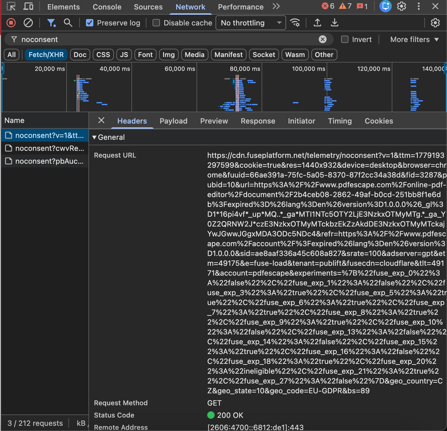 Chrome DevTools on pdfescape.com. Network tab filtered by &lsquo;noconsent&rsquo;. In the left list, three requests named noconsent. One is selected, Headers tab open, General section. Request URL visible in full: https://cdn.fuseplatform.net/telemetry/noconsent?v=1&ttm=&hellip;&cookie=true&res=1440x932&device=desktop&browser=chrome&fuuid=&hellip;&url=https://www.pdfescape.com/online-pdf-editor/document/&hellip;&account=pdfescape&geo_country=CZ&geo_state=10&geo_code=EU-GDPR&bs=89. Request Method: GET. Status: 200 OK. The URL carries geo_code=EU-GDPR &mdash; PDFescape plainly knows the user is in a GDPR jurisdiction.