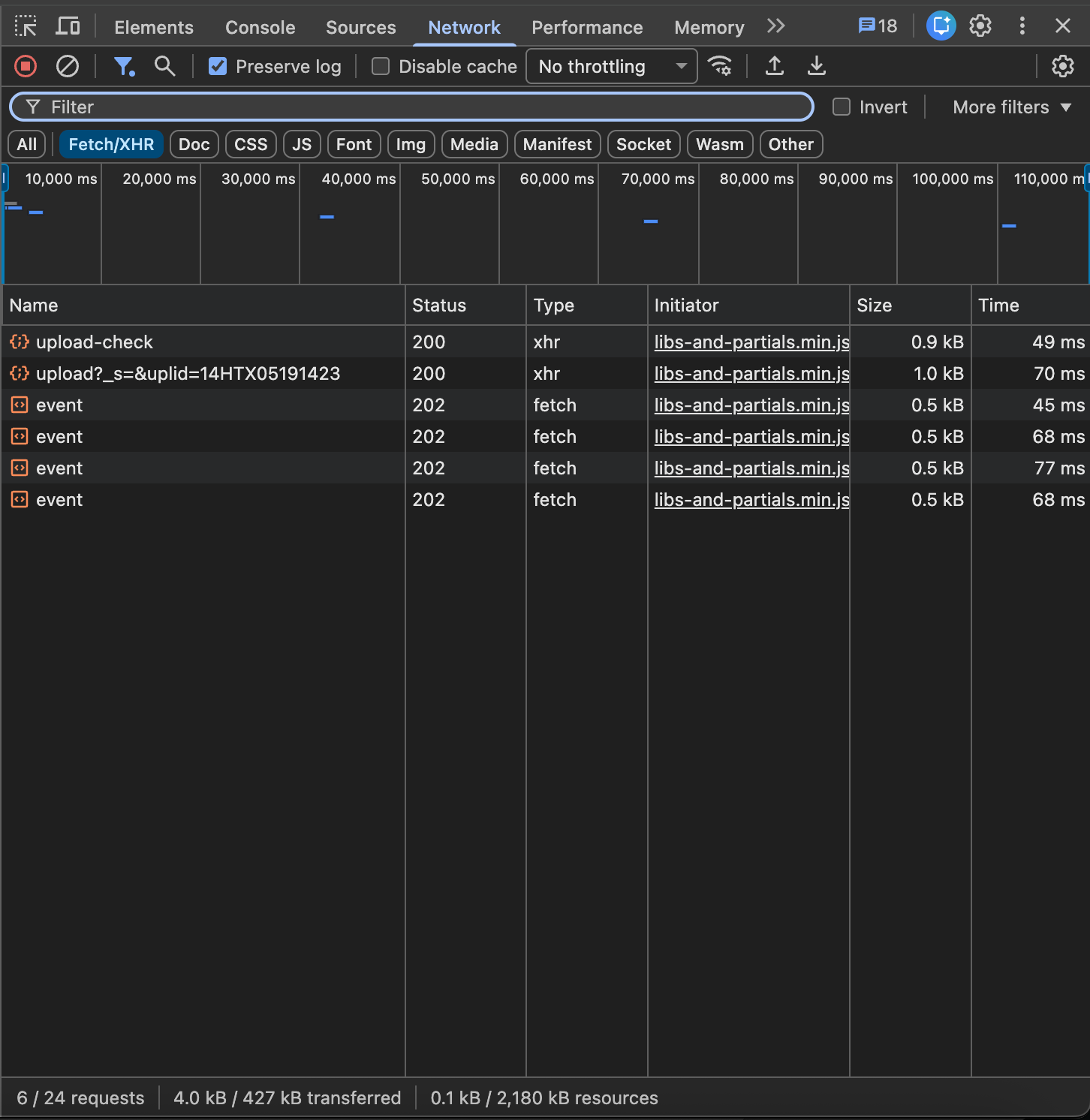 Chrome DevTools on sejda.com/pdf-editor after uploading a PDF. Network tab filtered to Fetch/XHR. The bottom counter shows 6 / 24 requests &mdash; a short list of six requests: upload-check, upload?_s=4&uplid=&hellip; (the file uploaded to Sejda&rsquo;s own server), and four event requests (Plausible Analytics). The initiator for all of them is Sejda&rsquo;s own libs-and-partials.min.js. Not a single request to Google Analytics, Facebook, ad networks, or third-party telemetry endpoints.